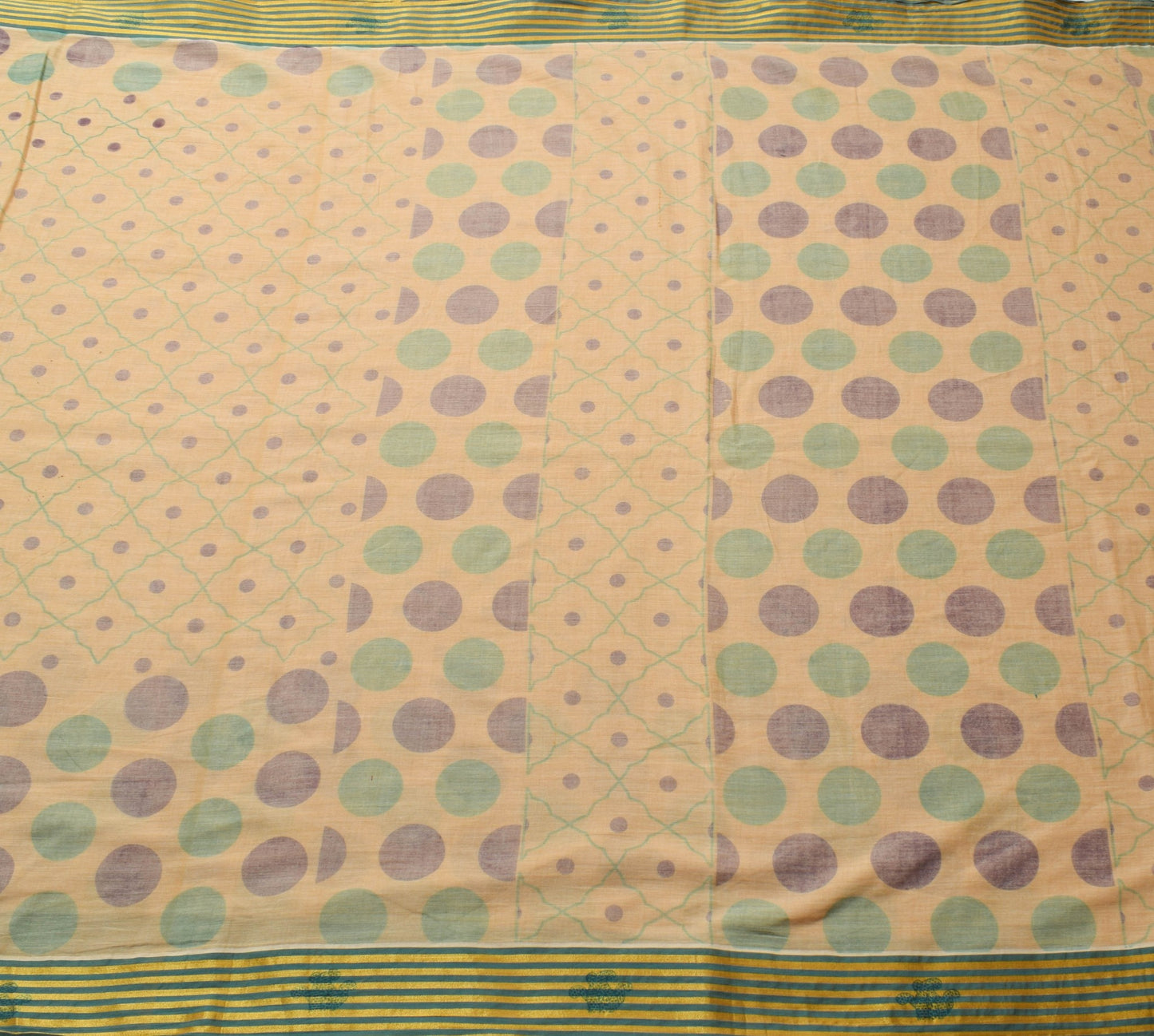 Sushila Vintage Beige Saree 100% Pure Cotton Polka Dot Printed Soft Craft Fabric