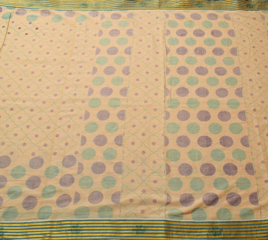 Sushila Vintage Beige Saree 100% Pure Cotton Polka Dot Printed Soft Craft Fabric