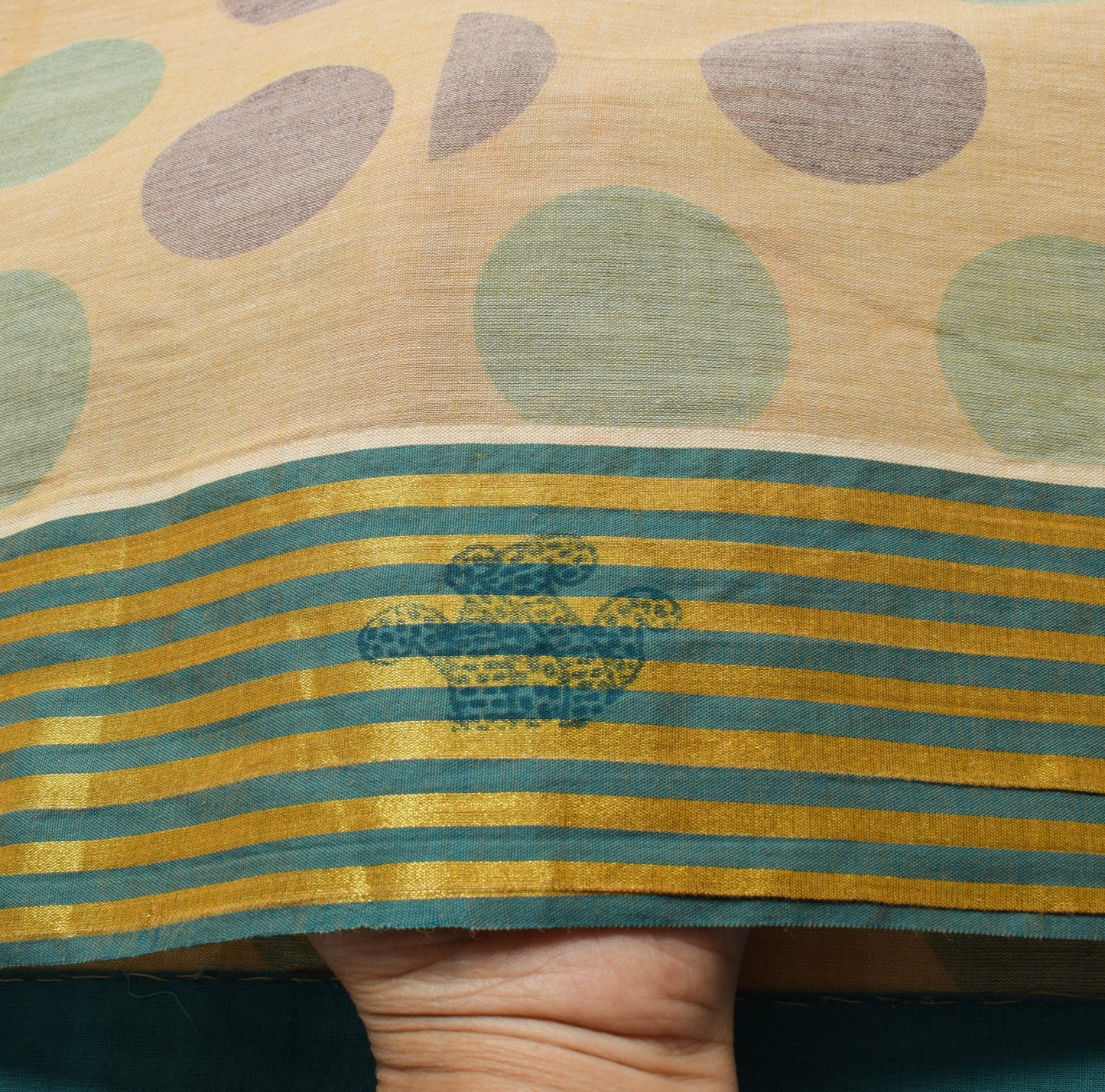 Sushila Vintage Beige Saree 100% Pure Cotton Polka Dot Printed Soft Craft Fabric