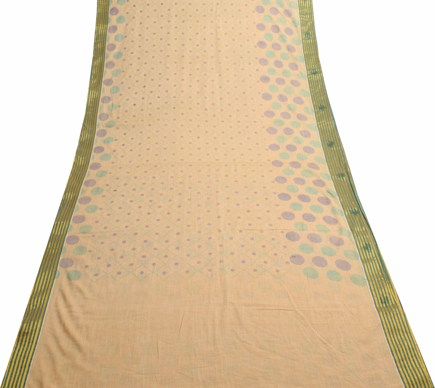 Sushila Vintage Beige Saree 100% Pure Cotton Polka Dot Printed Soft Craft Fabric