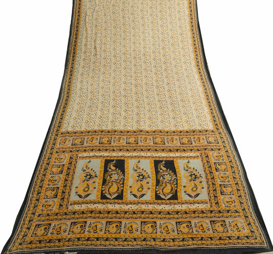 Sushila Vintage Cream Saree 100% Pure Cotton Printed Floral Soft Craft Fabric