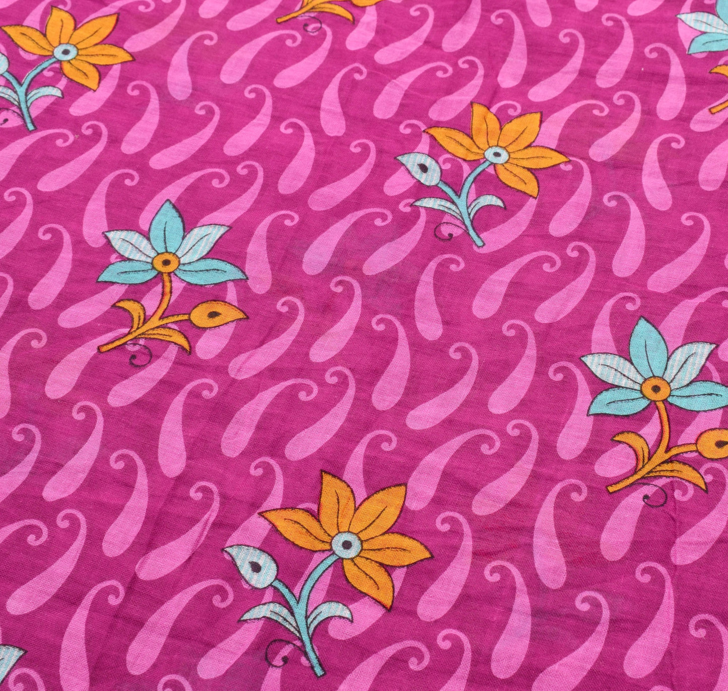 Sushila Vintage Dark Magenta Paisley Saree 100% Pure Cotton Printed Craft Fabric