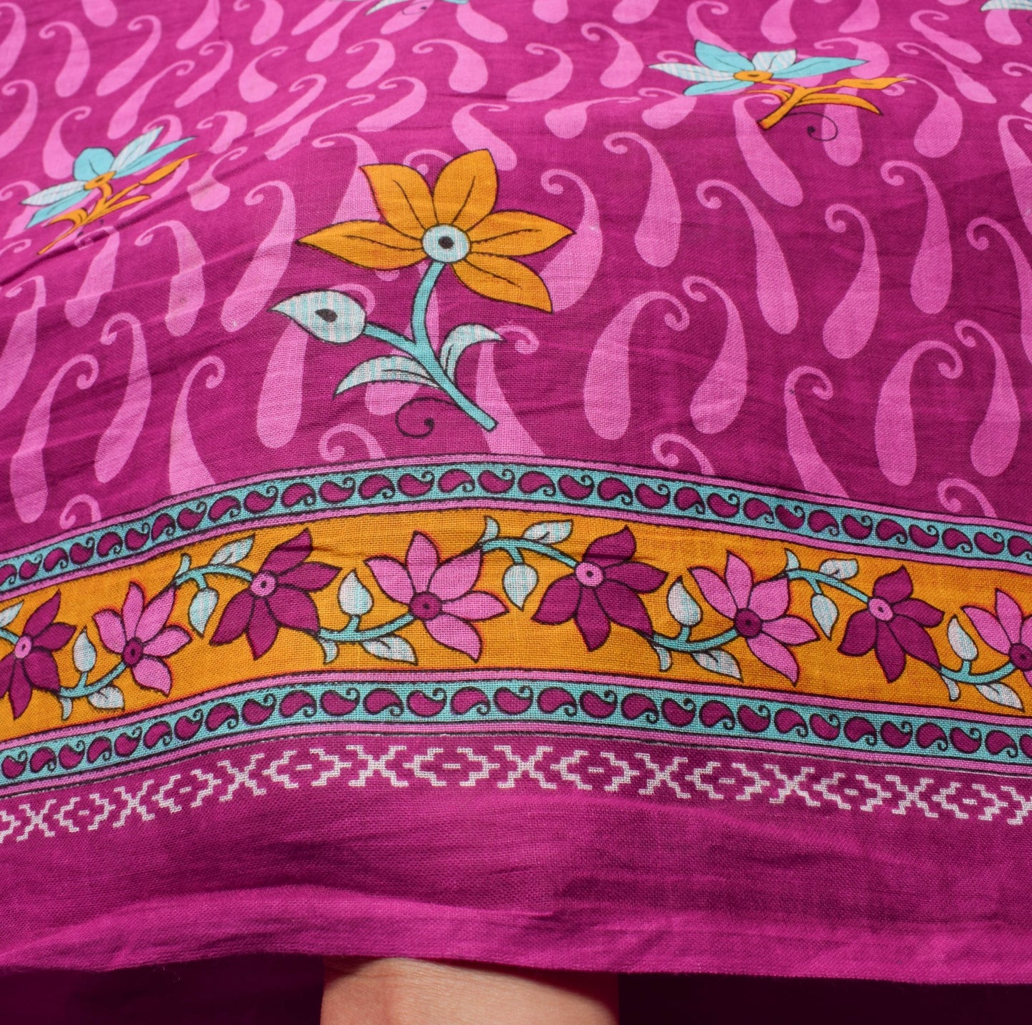 Sushila Vintage Dark Magenta Paisley Saree 100% Pure Cotton Printed Craft Fabric