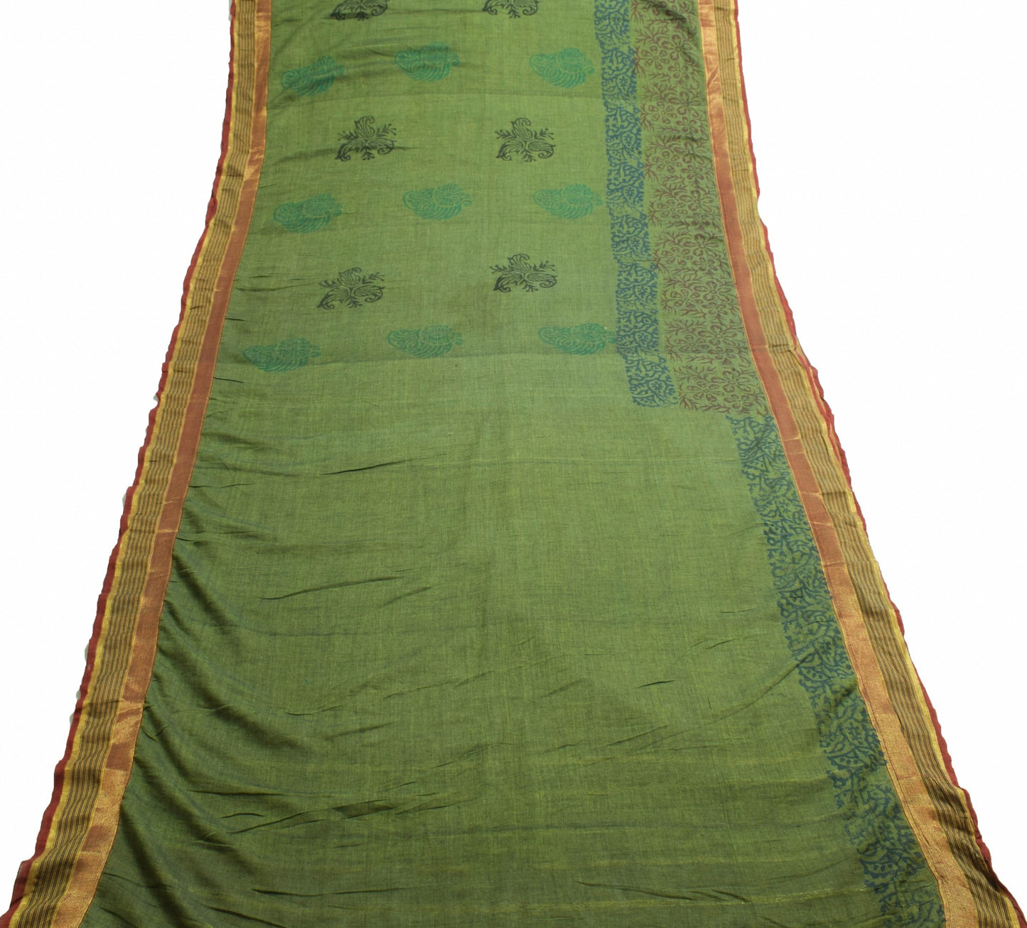 Sushila Vintage Green Saree 100% Pure Cotton Hand Block Printed Craft Fabric