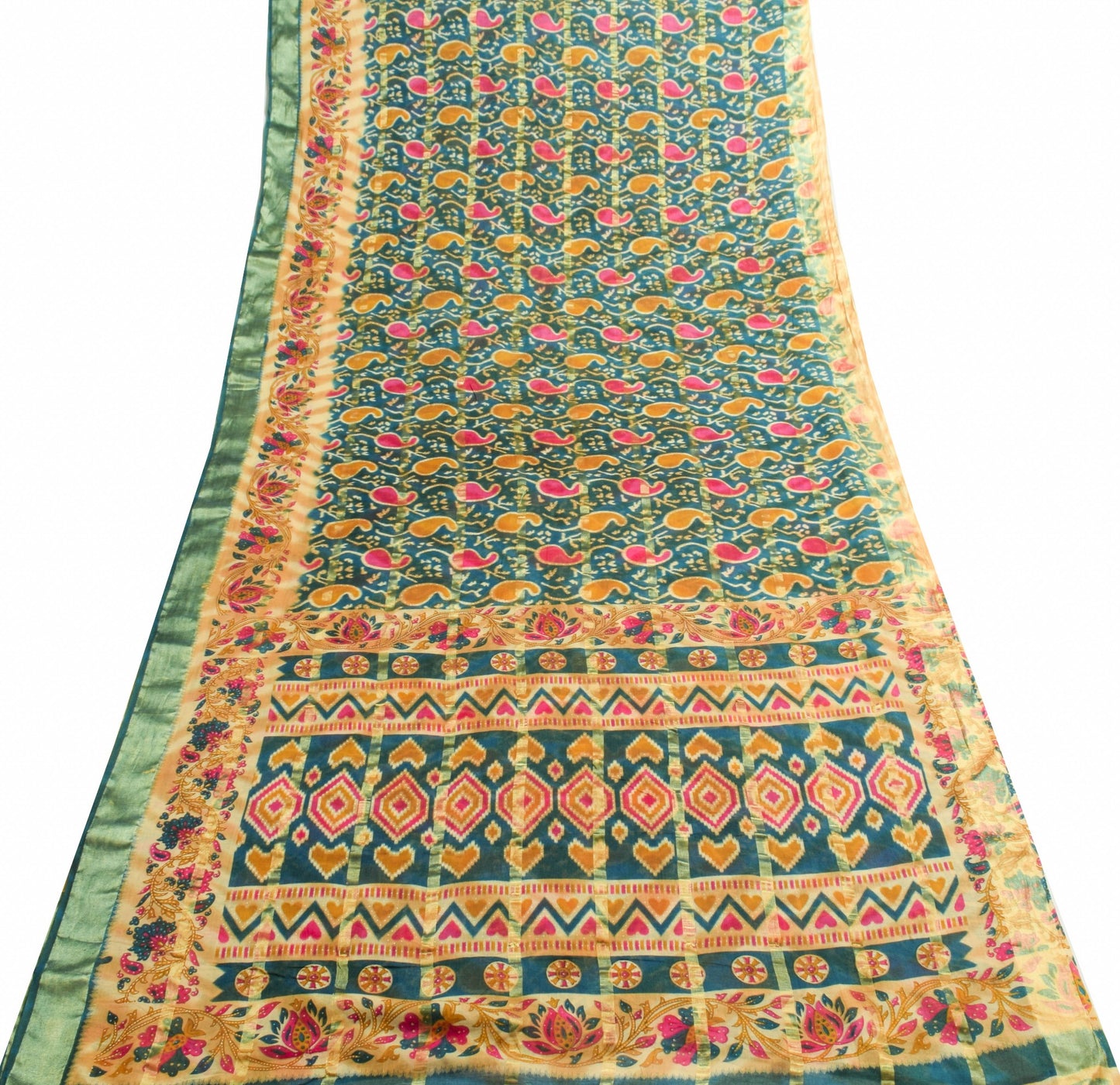 Sushila Vintage Teal Green Blue Saree 100% Pure Cotton Printed Soft Craft Fabric