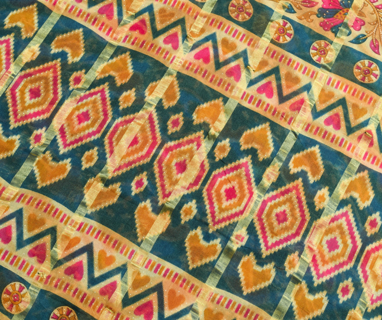 Sushila Vintage Teal Green Blue Saree 100% Pure Cotton Printed Soft Craft Fabric