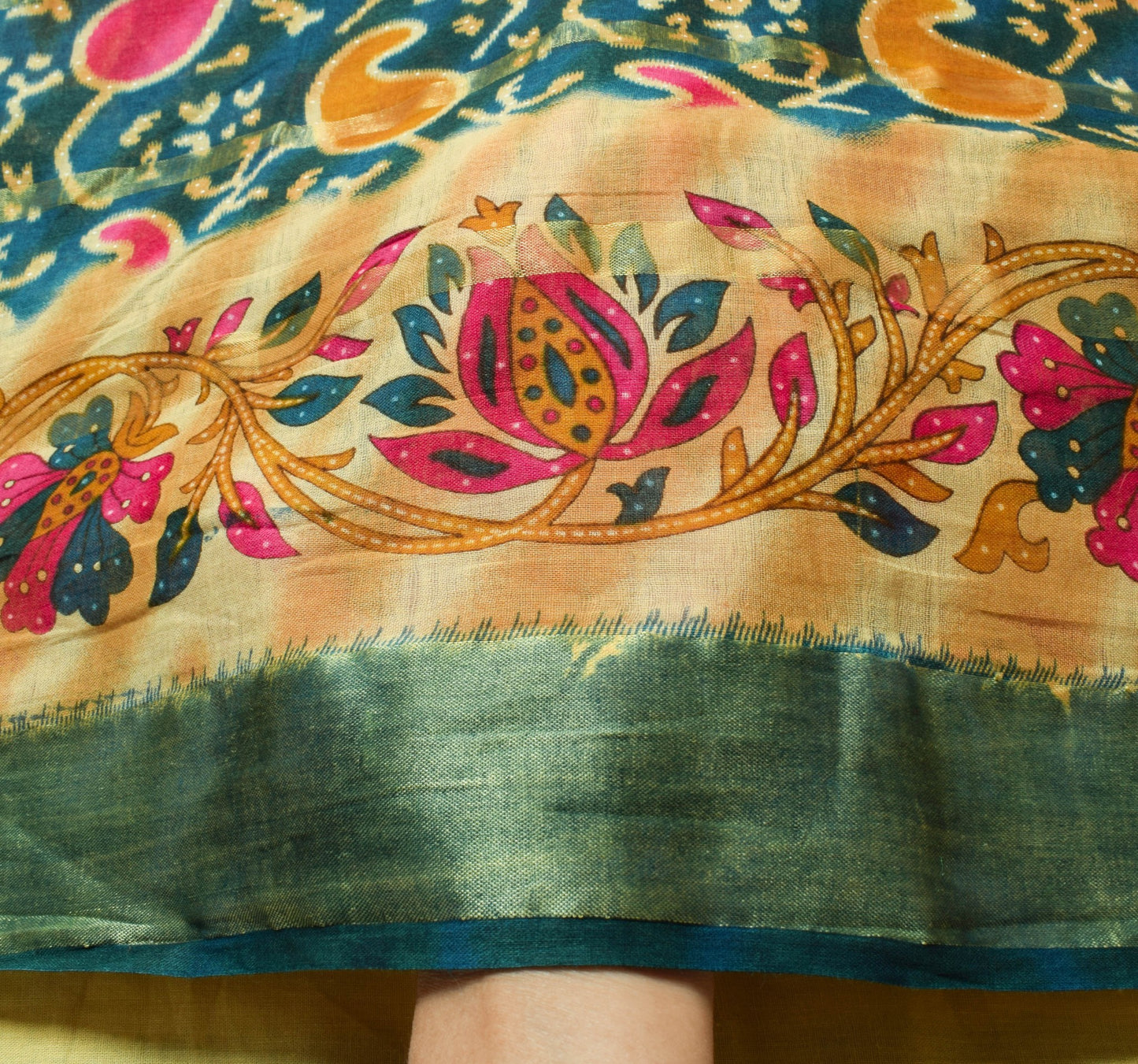 Sushila Vintage Teal Green Blue Saree 100% Pure Cotton Printed Soft Craft Fabric