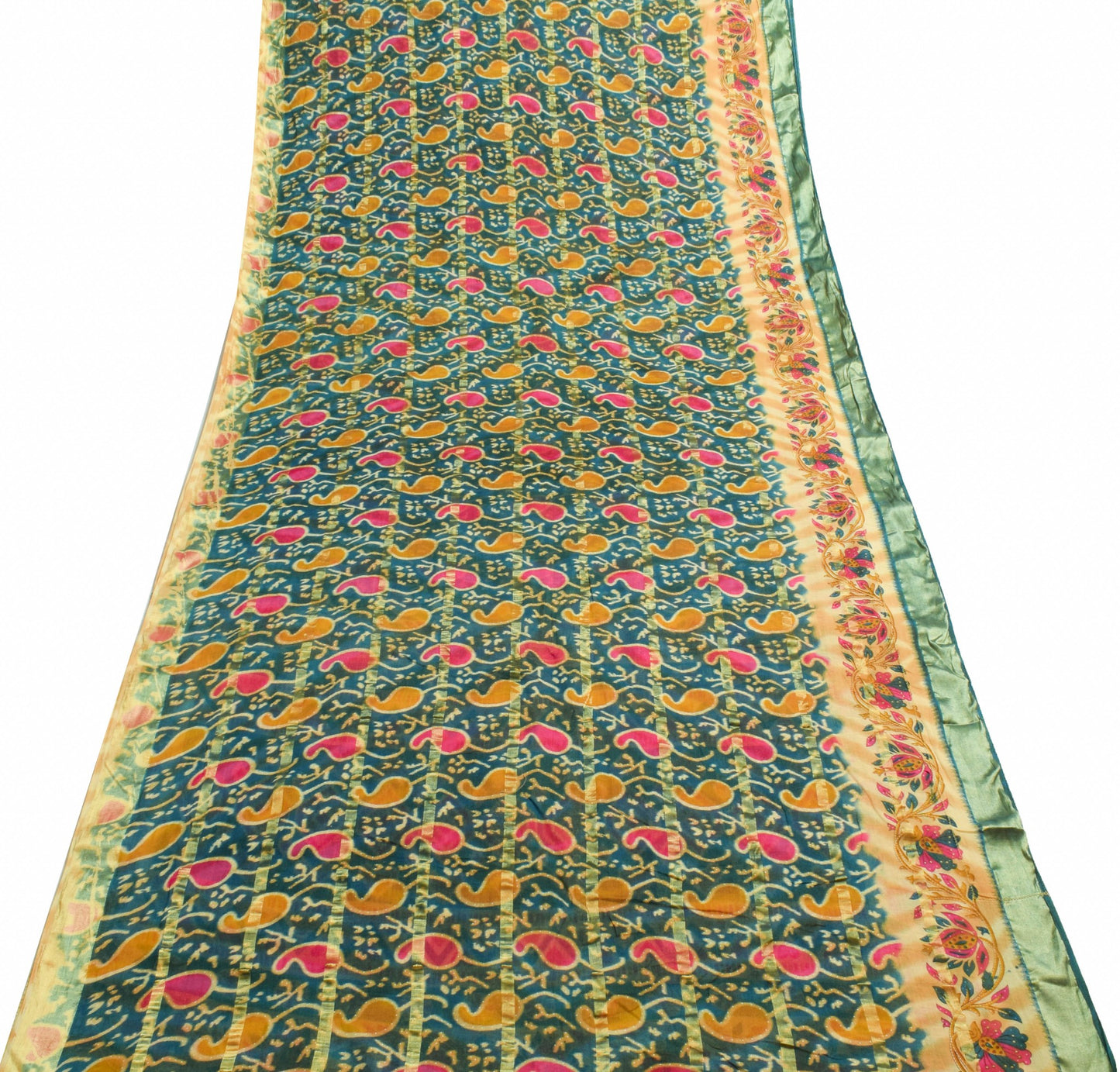 Sushila Vintage Teal Green Blue Saree 100% Pure Cotton Printed Soft Craft Fabric