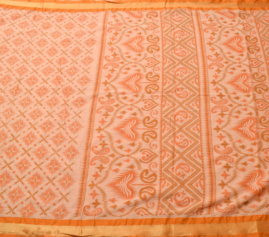 Sushila Vintage Orange Saree 100% Pure Cotton Printed & Woven Soft Craft Fabric