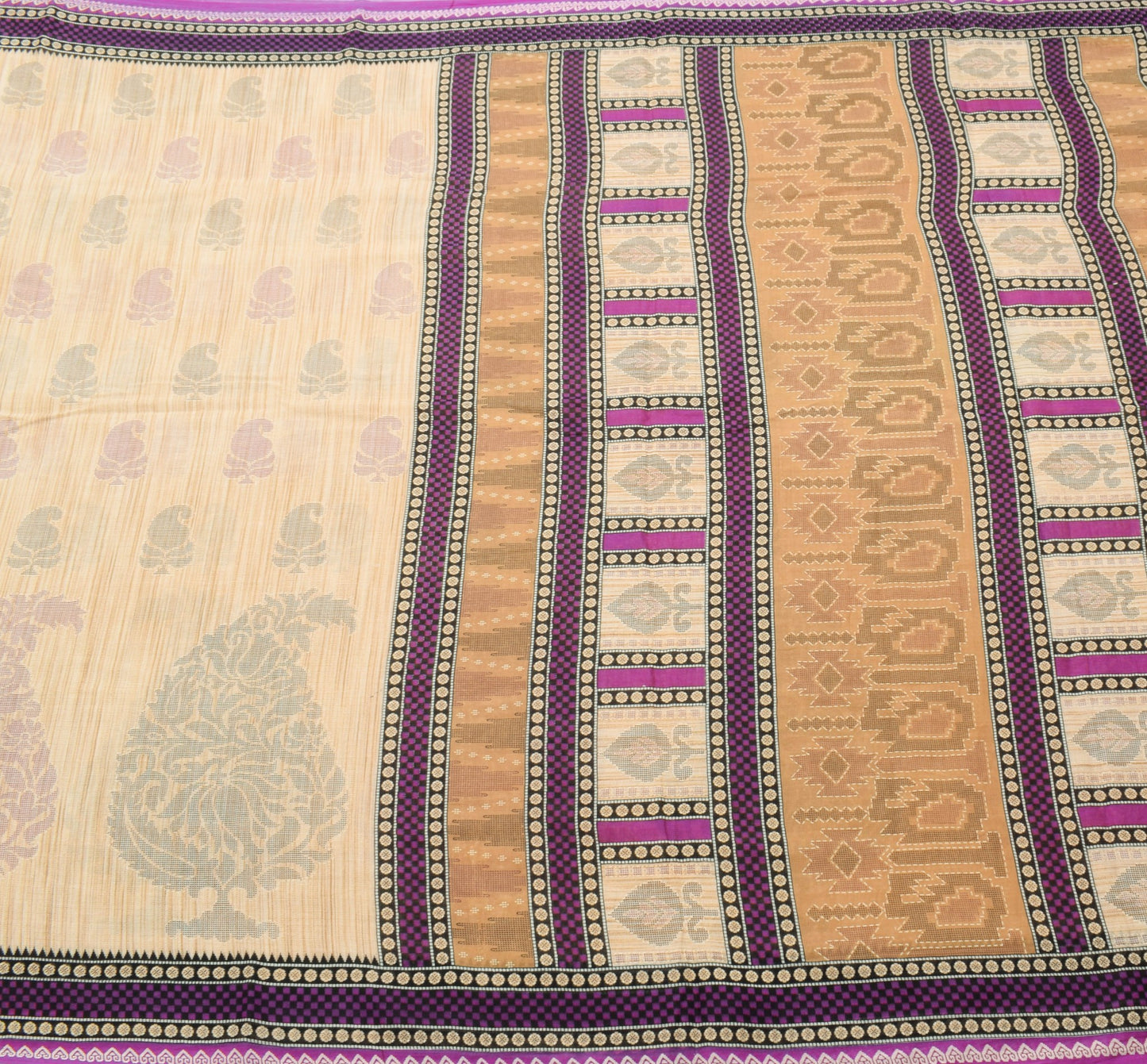 Sushila Vintage Beige Saree 100% Pure Cotton Printed Paisley Soft Craft Fabric