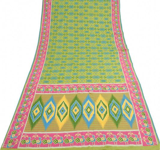 Sushila Vintage Green Saree 100% Pure Cotton Printed Peacock Indian Craft Fabric