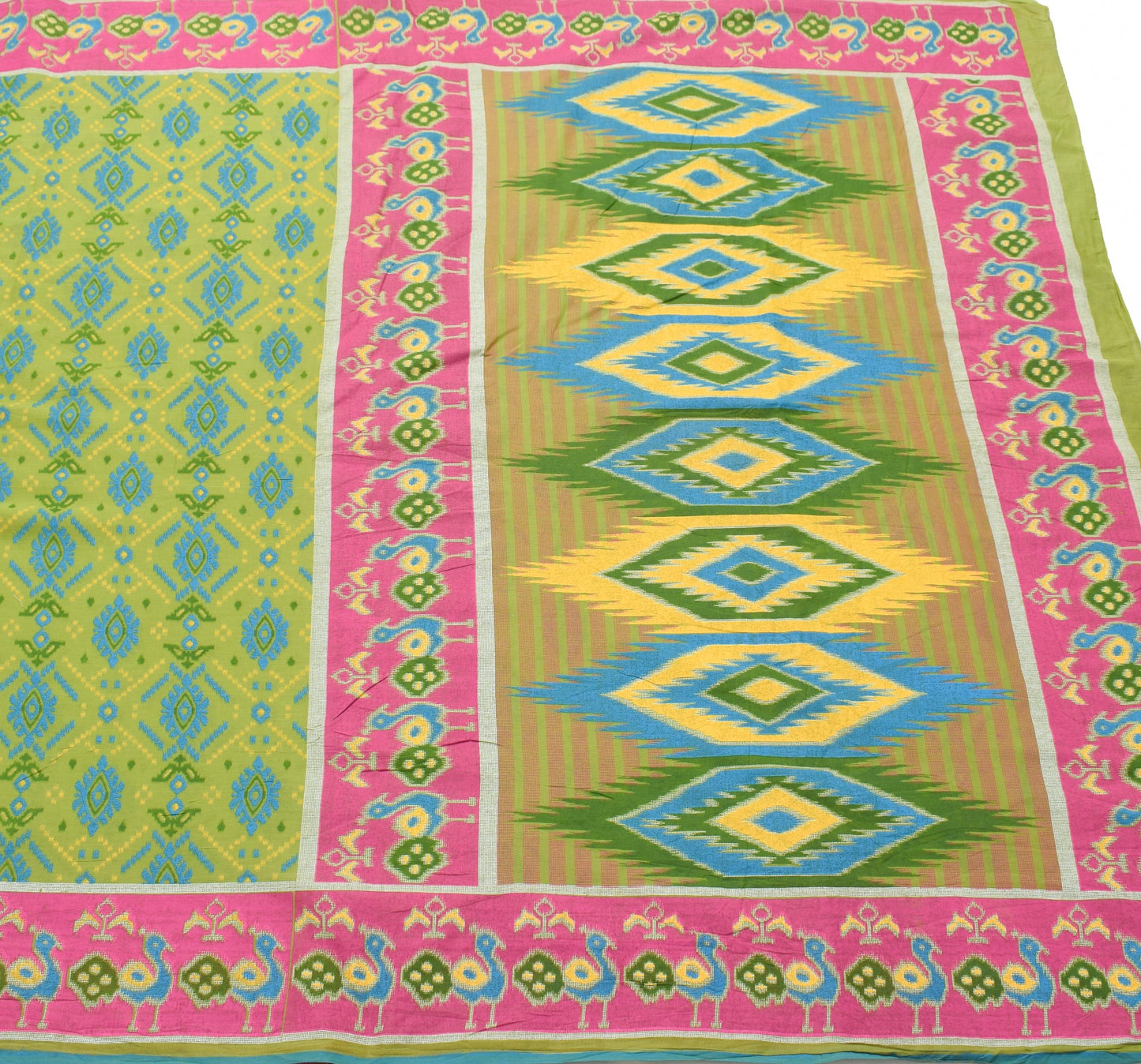 Sushila Vintage Green Saree 100% Pure Cotton Printed Peacock Indian Craft Fabric