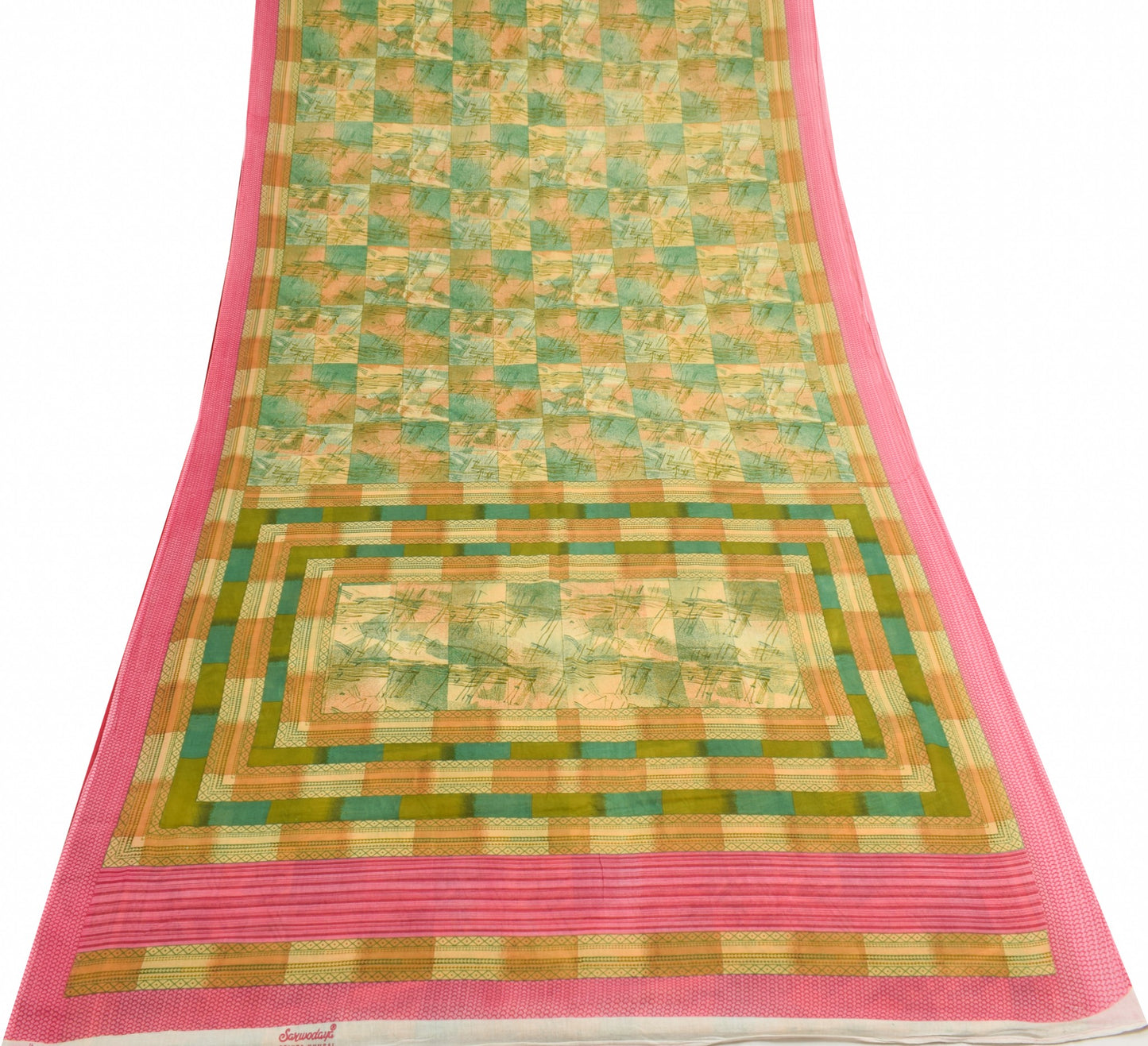 Sushila Vintage Indian Saree 100% Pure Cotton Printed Green Soft Craft Fabric