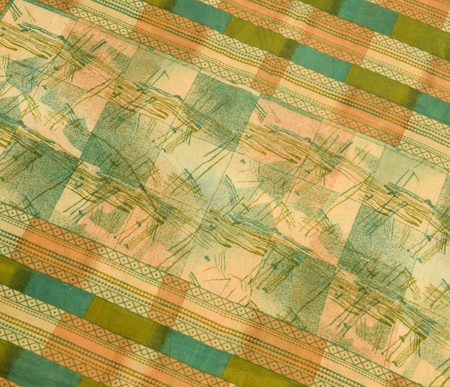 Sushila Vintage Indian Saree 100% Pure Cotton Printed Green Soft Craft Fabric