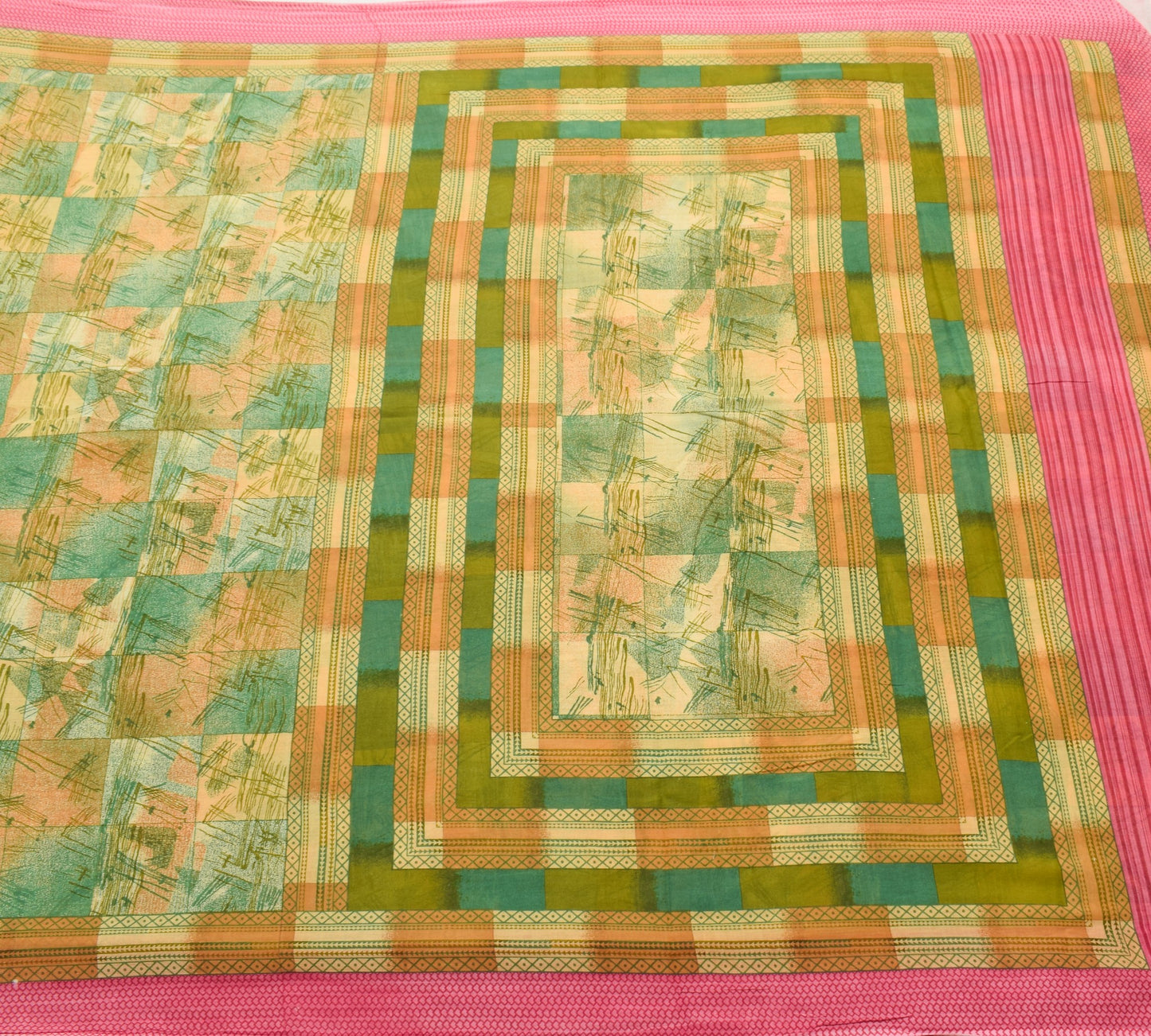 Sushila Vintage Indian Saree 100% Pure Cotton Printed Green Soft Craft Fabric