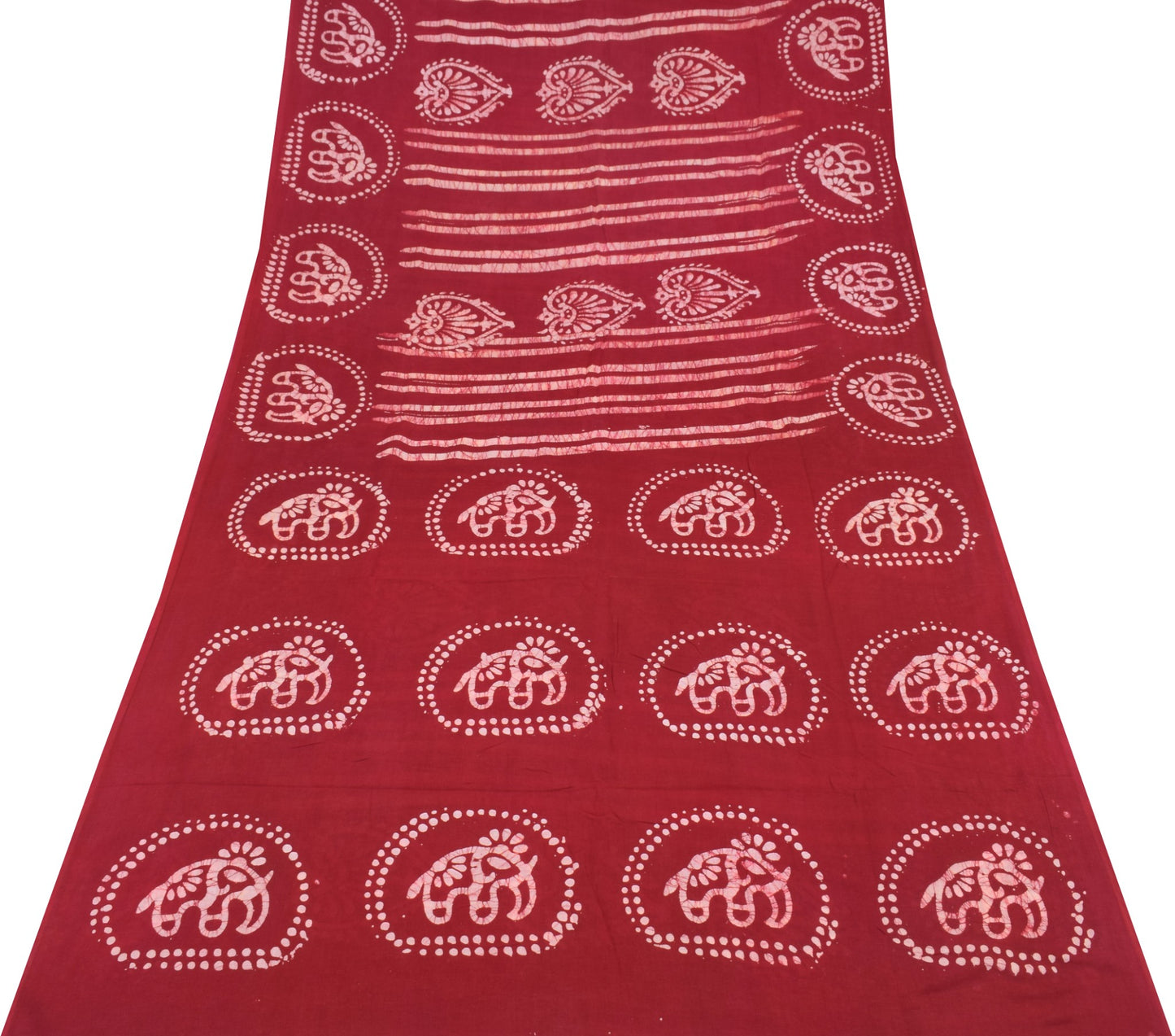 Sushila Vintage Red Saree 100% Pure Cotton Batik Printed 5 Yds Soft Craft Fabric