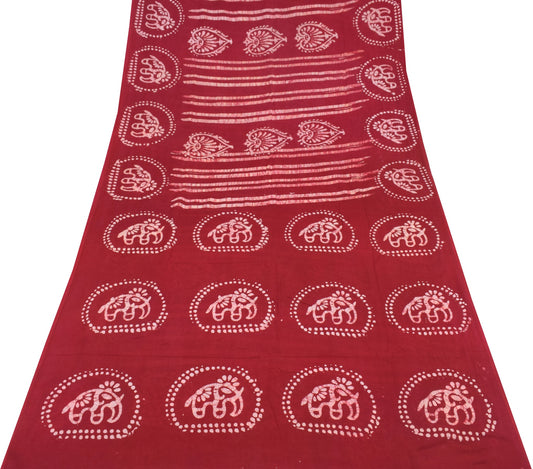 Sushila Vintage Red Saree 100% Pure Cotton Batik Printed 5 Yds Soft Craft Fabric
