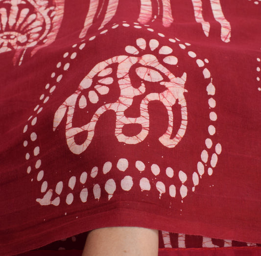 Sushila Vintage Red Saree 100% Pure Cotton Batik Printed 5 Yds Soft Craft Fabric