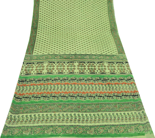 Sushila Vintage Green Saree Pure Cotton Hand Block Printed 5Yd Soft Craft Fabric