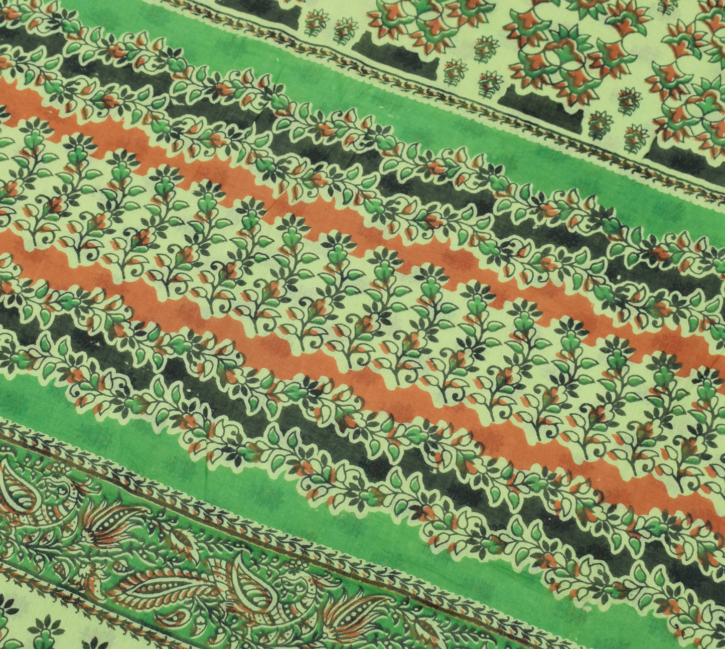 Sushila Vintage Green Saree Pure Cotton Hand Block Printed 5Yd Soft Craft Fabric