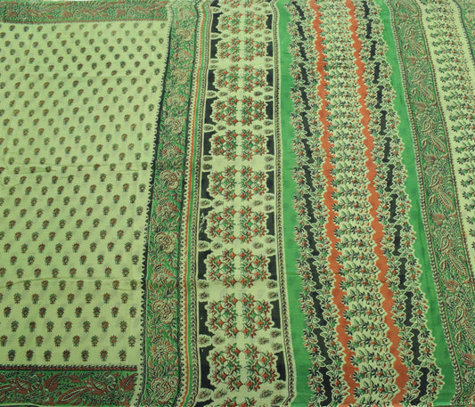 Sushila Vintage Green Saree Pure Cotton Hand Block Printed 5Yd Soft Craft Fabric