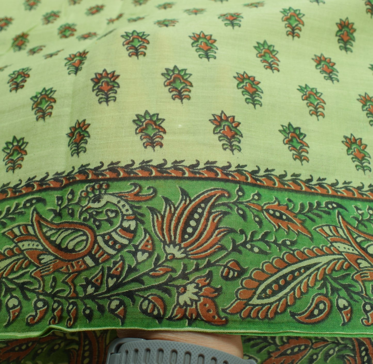 Sushila Vintage Green Saree Pure Cotton Hand Block Printed 5Yd Soft Craft Fabric