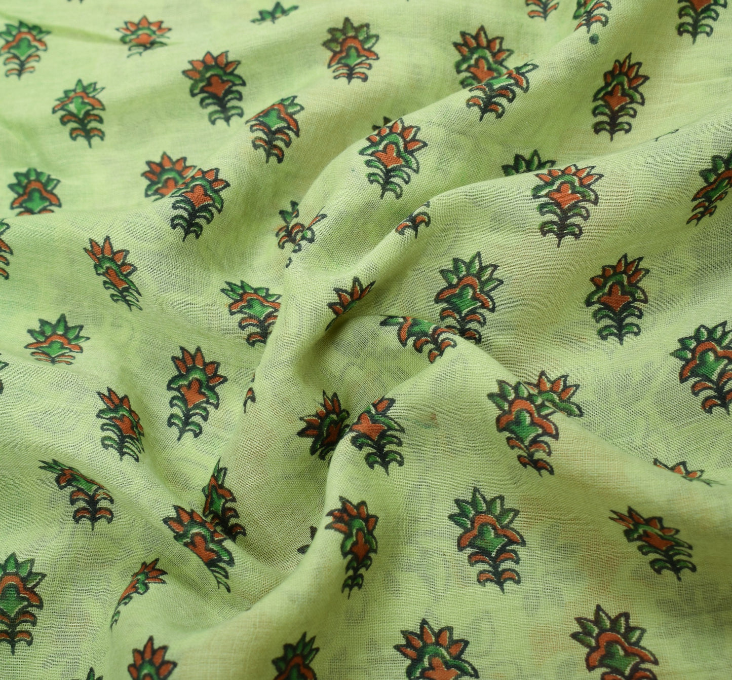 Sushila Vintage Green Saree Pure Cotton Hand Block Printed 5Yd Soft Craft Fabric