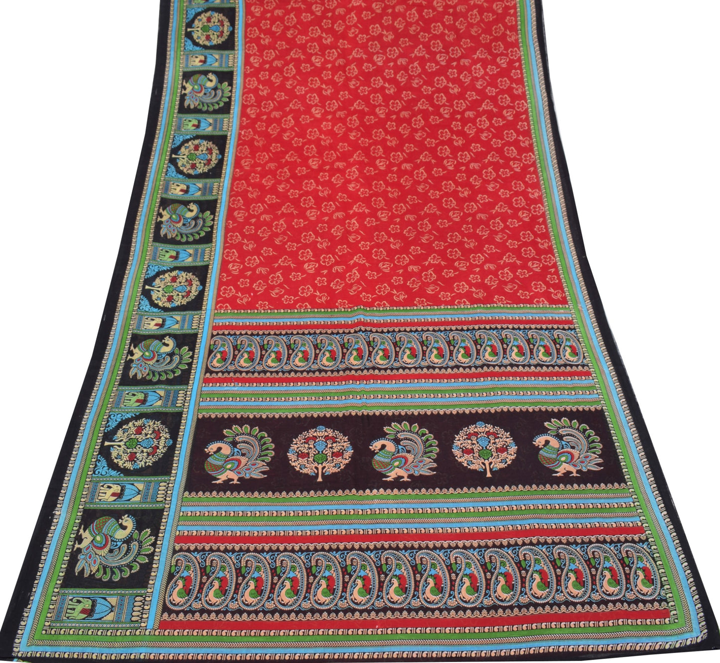 Sushila Vintage Red Saree 100% Pure Cotton Floral Printed Sari Soft Craft Fabric