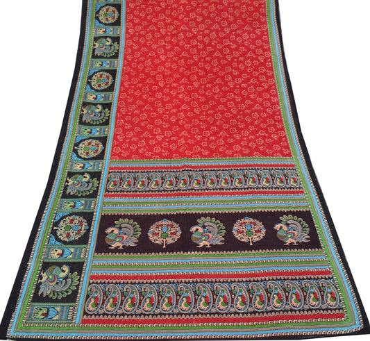Sushila Vintage Red Saree 100% Pure Cotton Floral Printed Sari Soft Craft Fabric