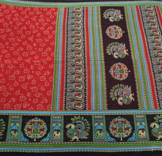 Sushila Vintage Red Saree 100% Pure Cotton Floral Printed Sari Soft Craft Fabric