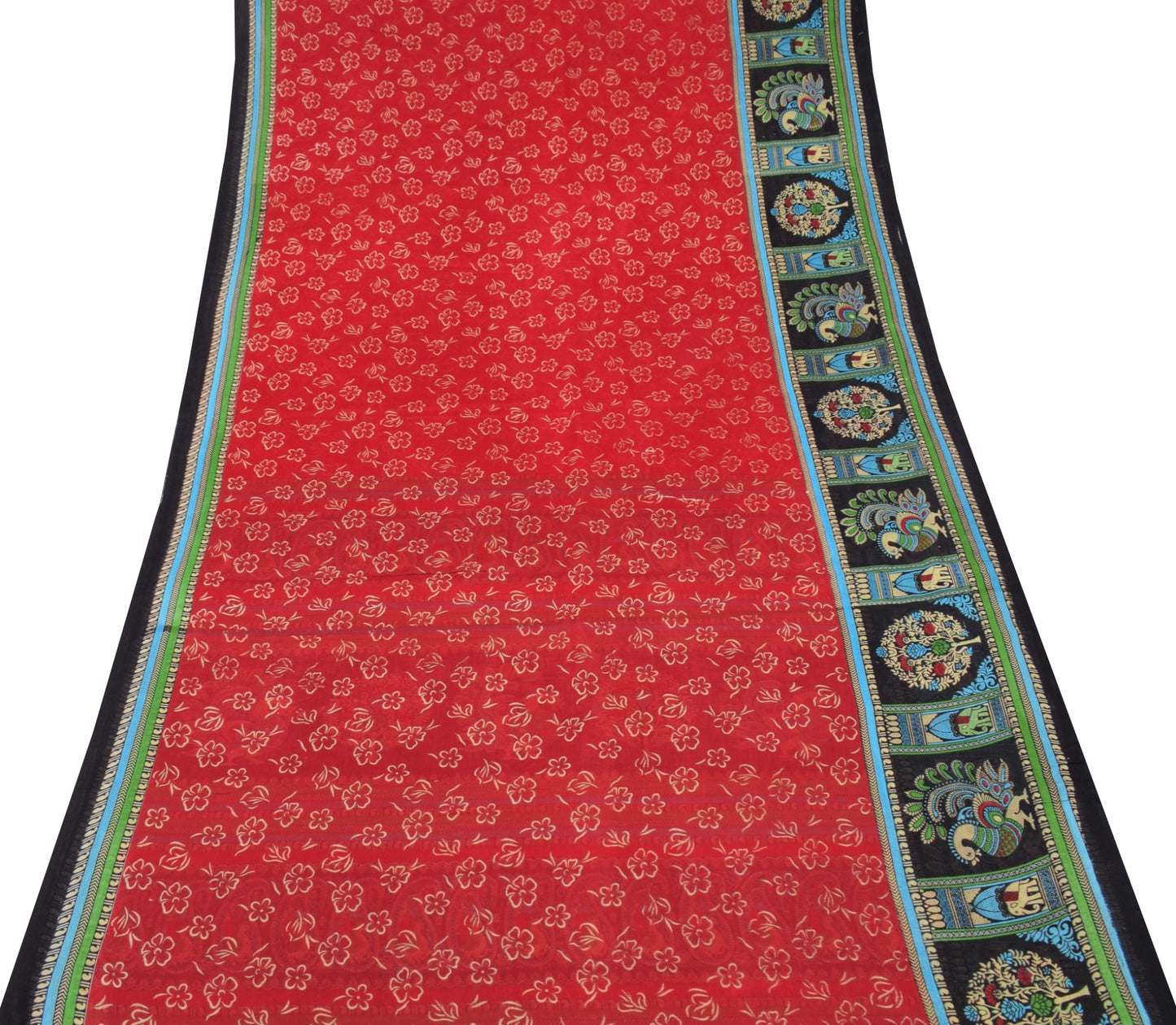 Sushila Vintage Red Saree 100% Pure Cotton Floral Printed Sari Soft Craft Fabric