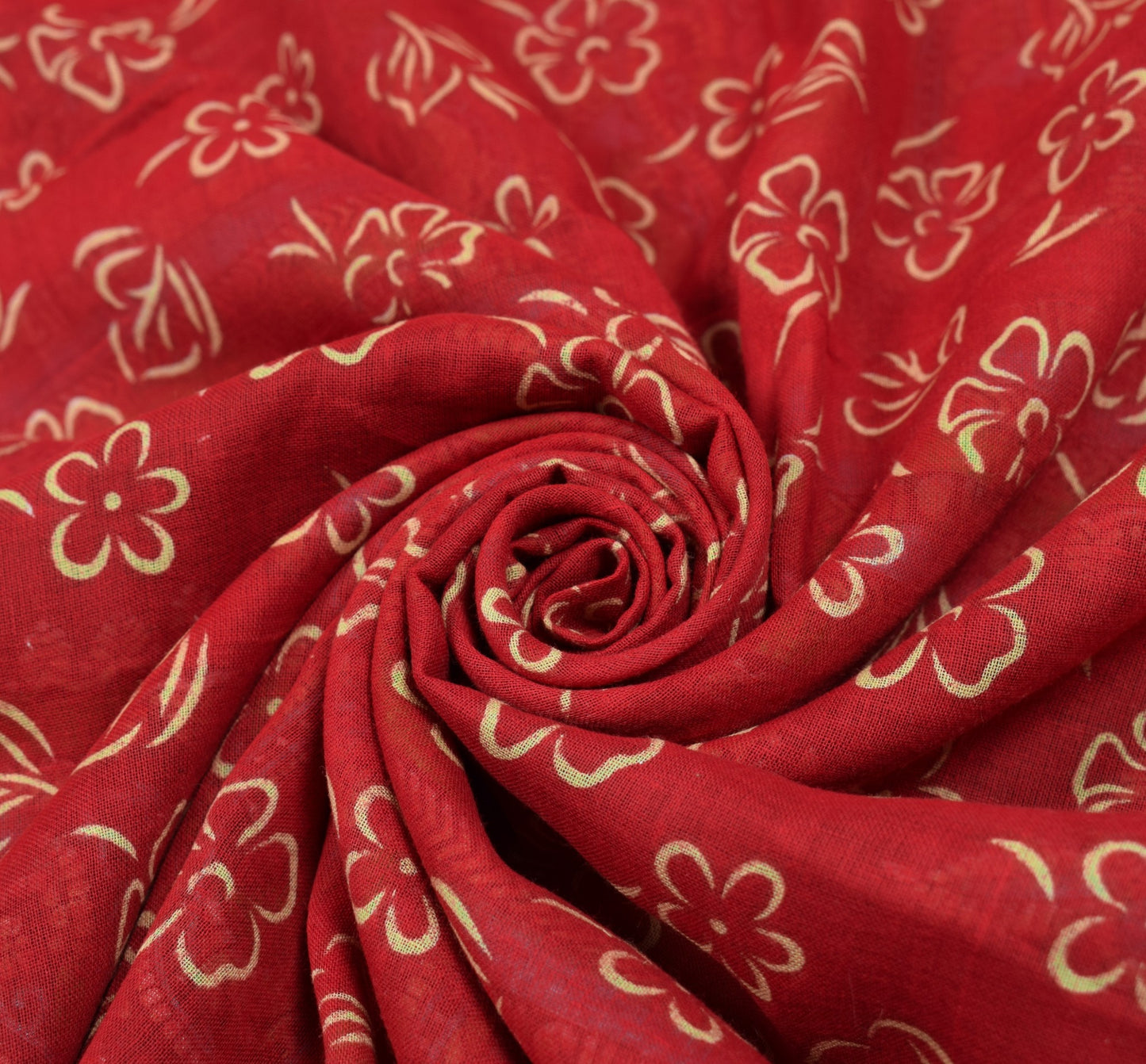 Sushila Vintage Red Saree 100% Pure Cotton Floral Printed Sari Soft Craft Fabric