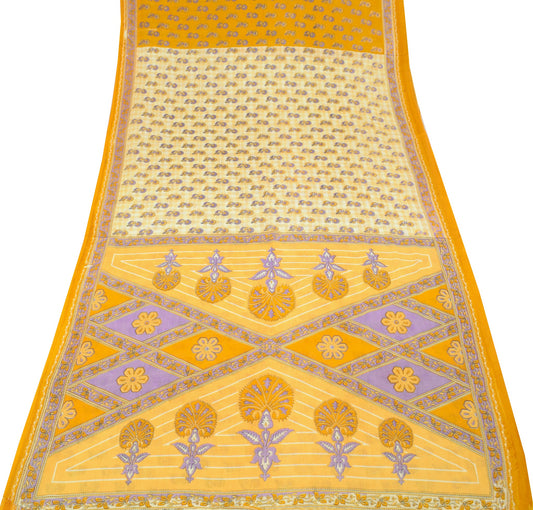 Sushila Vintage Saree 100% Pure Cotton Cream Floral Printed Soft Craft Fabric