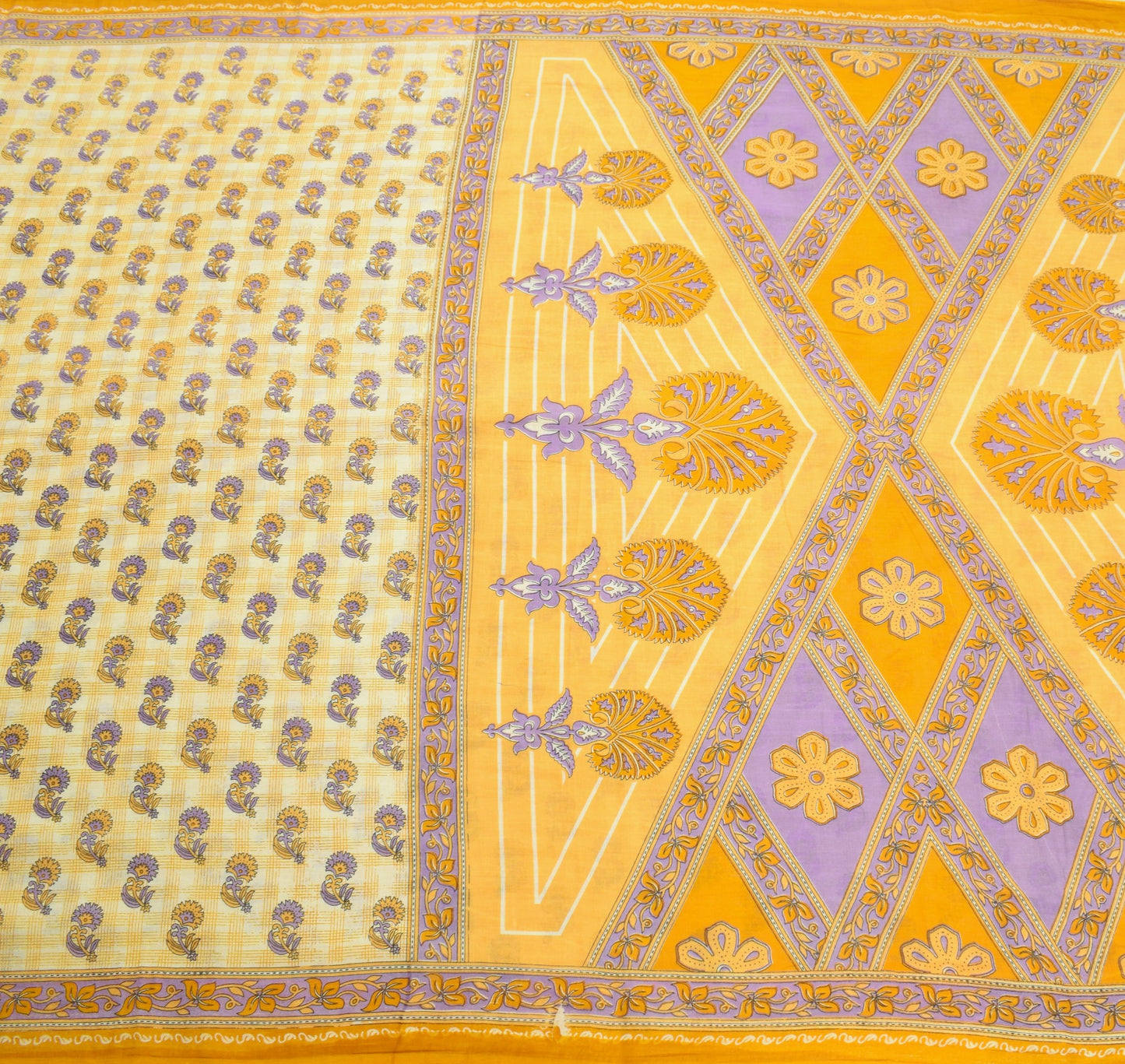 Sushila Vintage Saree 100% Pure Cotton Cream Floral Printed Soft Craft Fabric