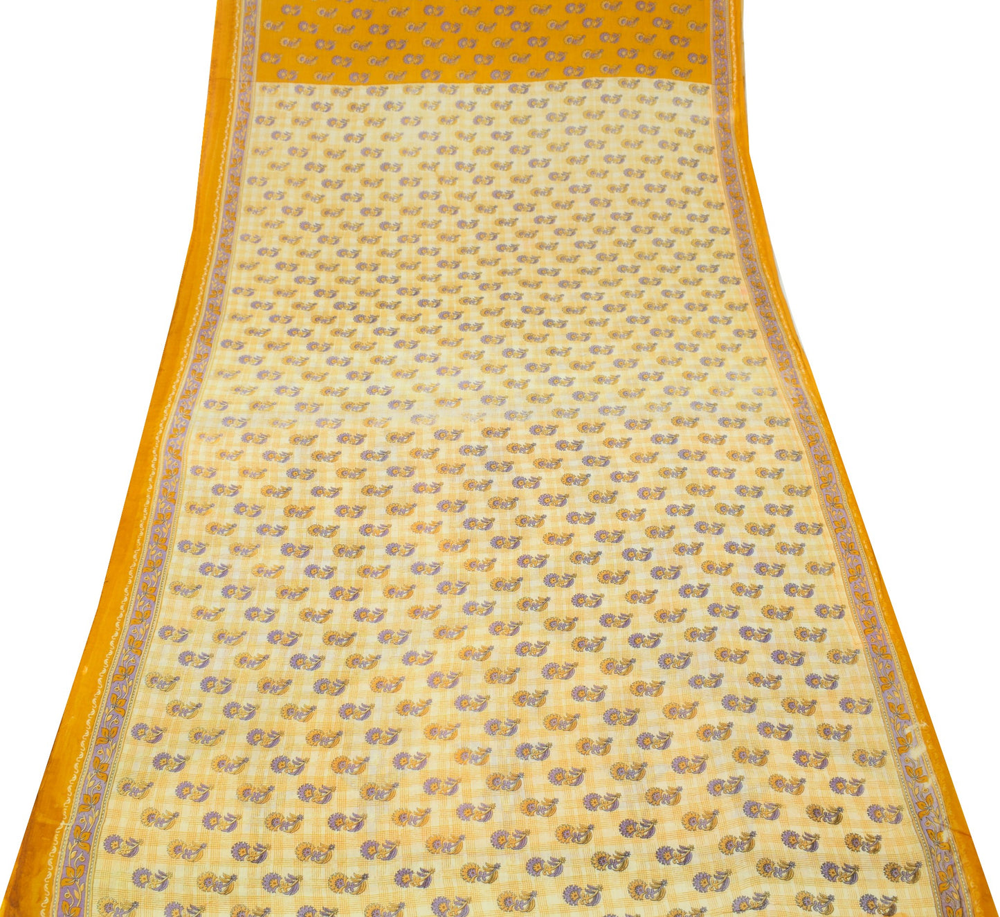 Sushila Vintage Saree 100% Pure Cotton Cream Floral Printed Soft Craft Fabric