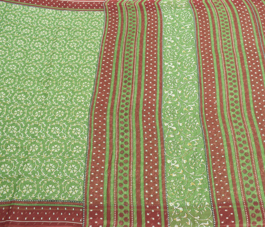 Sushila Vintage Indian Saree 100% Pure Cotton Floral Green Printed Craft Fabric