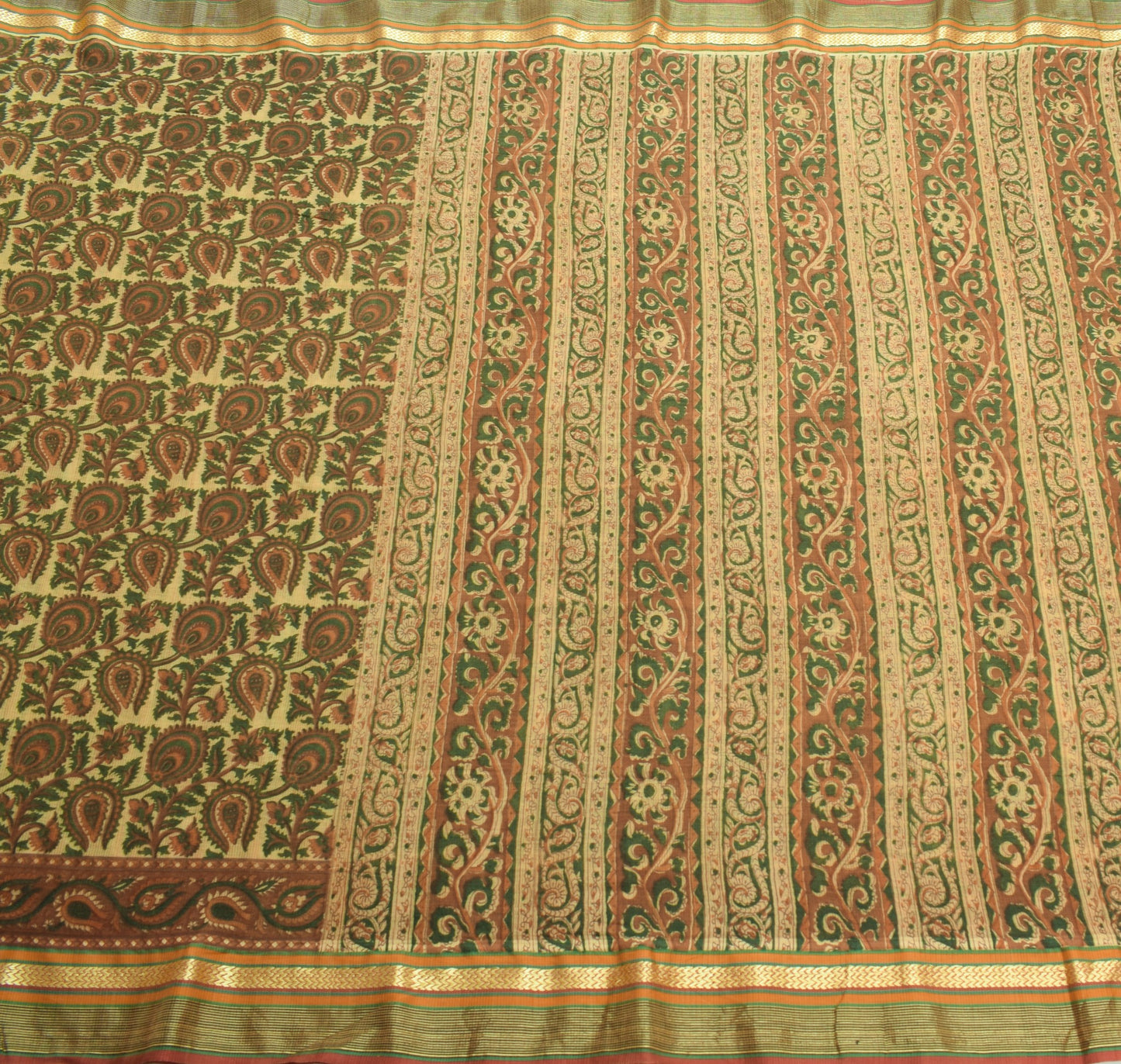 Sushila Vintage Floral Brown Saree Woven Border Pure Cotton Printed Soft Sari