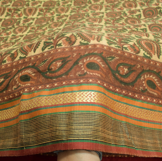 Sushila Vintage Floral Brown Saree Woven Border Pure Cotton Printed Soft Sari