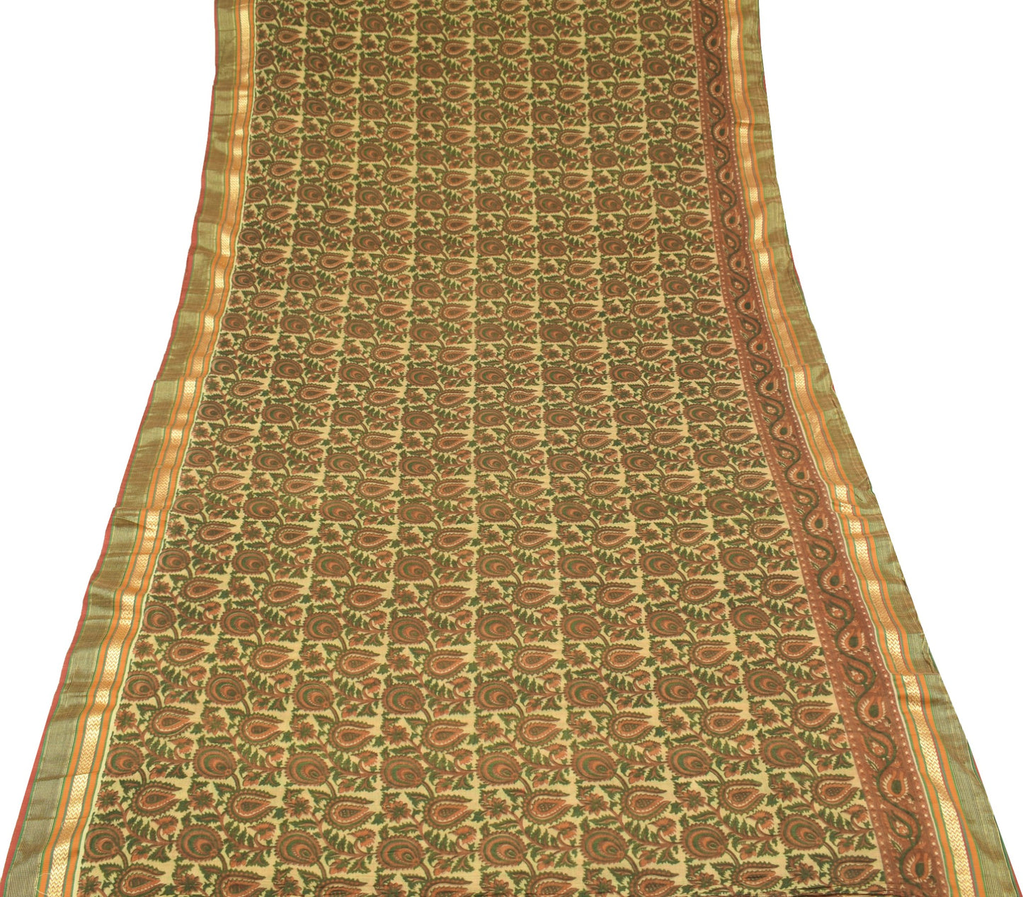 Sushila Vintage Floral Brown Saree Woven Border Pure Cotton Printed Soft Sari