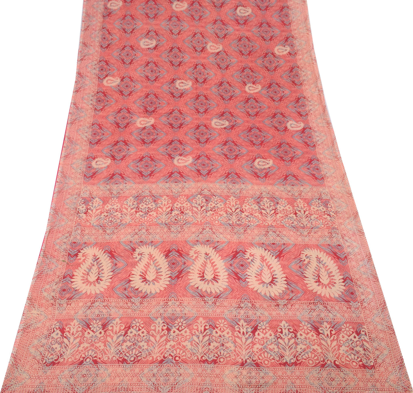 Sushila Vintage Peach Saree 100% Pure Cotton Indian Printed Paisley Craft Fabric