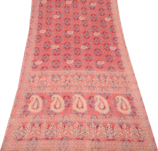 Sushila Vintage Peach Saree 100% Pure Cotton Indian Printed Paisley Craft Fabric