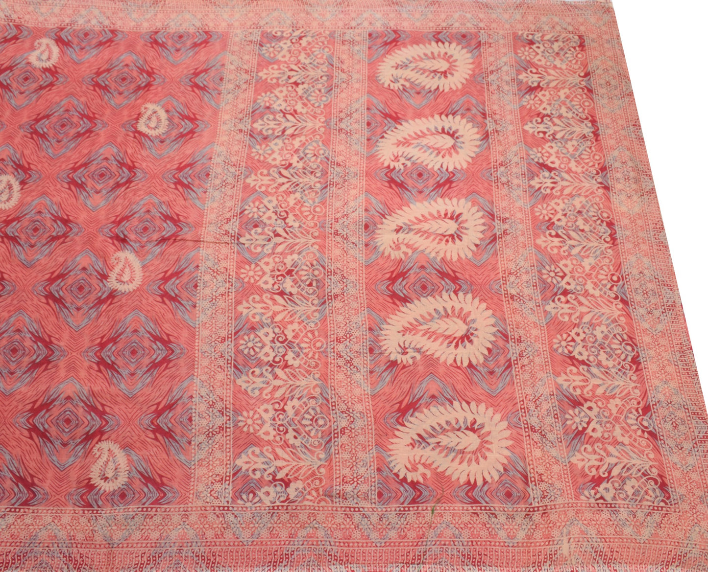 Sushila Vintage Peach Saree 100% Pure Cotton Indian Printed Paisley Craft Fabric