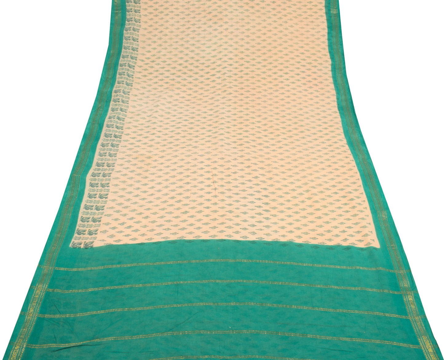 Sushila Vintage Beige Saree 100% Pure Cotton Woven & Printed Indian Craft Fabric