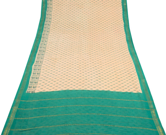 Sushila Vintage Beige Saree 100% Pure Cotton Woven & Printed Indian Craft Fabric