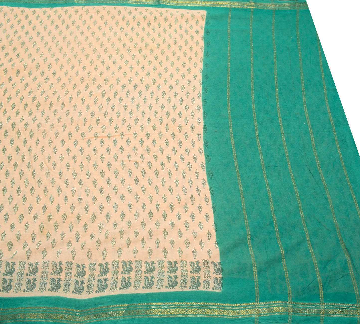 Sushila Vintage Beige Saree 100% Pure Cotton Woven & Printed Indian Craft Fabric