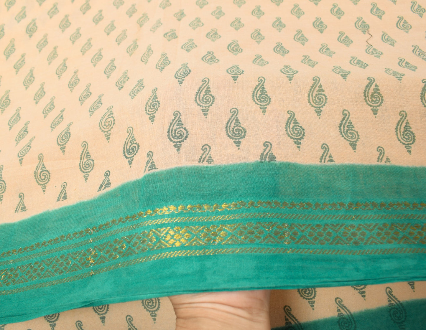 Sushila Vintage Beige Saree 100% Pure Cotton Woven & Printed Indian Craft Fabric