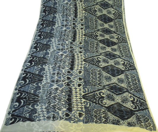 Sushila Vintage Gray Scrap Saree Pure Chiffon Printed Soft Sari Remnant Fabric
