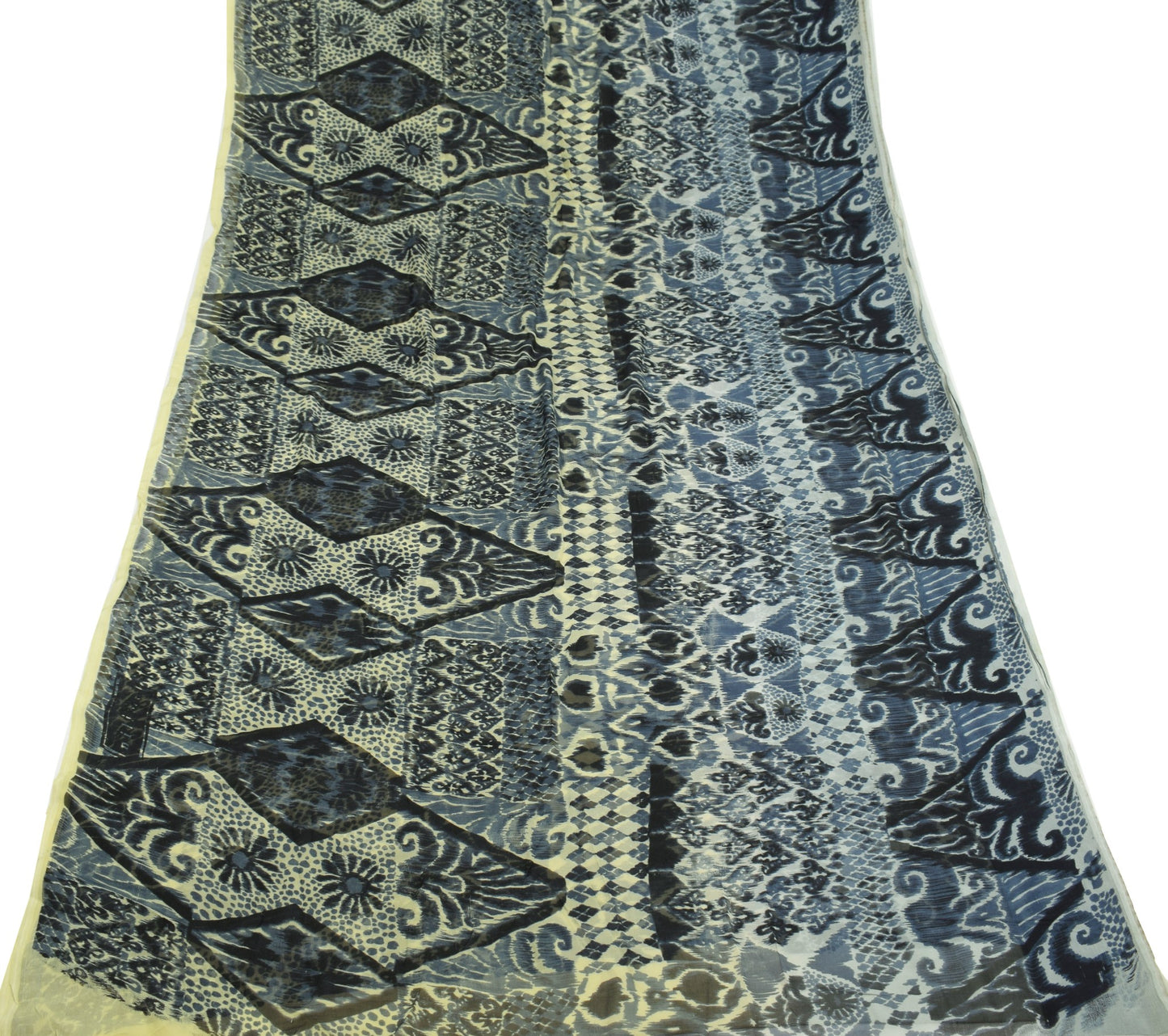 Sushila Vintage Gray Scrap Saree Pure Chiffon Printed Soft Sari Remnant Fabric