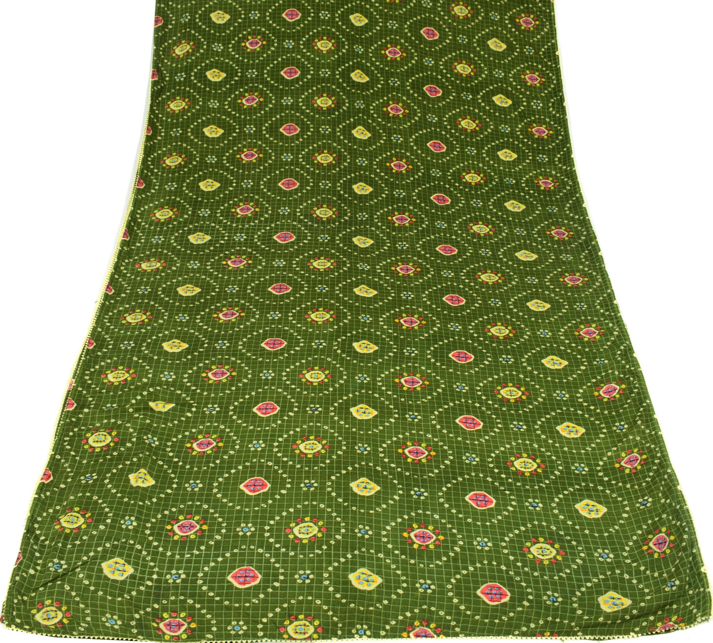 Sushila Vintage Green Saree 100% Pure Cotton Bandhani Printed Soft Craft Fabric