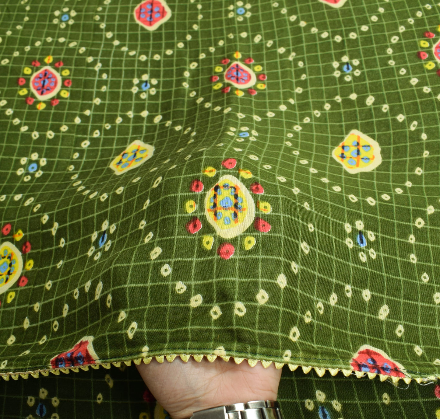 Sushila Vintage Green Saree 100% Pure Cotton Bandhani Printed Soft Craft Fabric